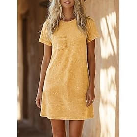 Women's 100% Cotton T Shirt Dress Boho Dress Western Dress Vintage Washed Dress Regular Fit Plain Short Sleeve Crew Neck Knee Length Dress