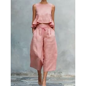 Women's Pants Sets Sleeveless Crew Neck Solid Color Ruffle Elegant Fashion Streetwear Casual Daily Outdoor Black White Pink Spring Summer Regular Fit