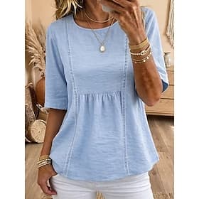 Women's Shirt Solid Color Fashion Stylish Casual Half Sleeve Crew Neck Regular Tops Casual Daily Blue White Summer Spring