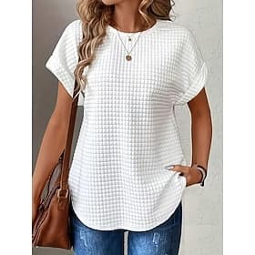Women's Waffle Shirt Blouse Tee Top Pleated Plain Stylish Modern Short Sleeve Crew Neck Long Tops Casual Daily Summer White Rose Pink Summer Spring
