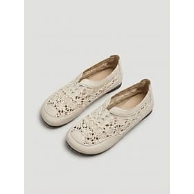 Women's Beige Crochet Slip On Flats - Wide Fit Comfort Shoes, Breathable Casual Footwear for Summer Daily Wear, Walking Travel