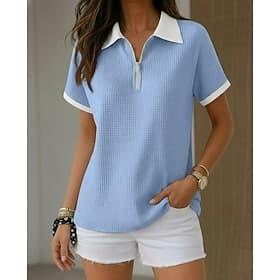 Women's Waffle T-shirt Polo Patchwork Fashion Classic Casual Short Sleeve Polo Collar Regular Tops Casual Daily Going out Black Light Green Purple Gray Light B