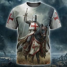 Men's Horse Knights Templar Crusaders Cross T Shirt Short Sleeve T shirt 3D Print Crew Neck Shirt Religious Street Dark Party Blue Blue 2# Blue 1# All Seasons