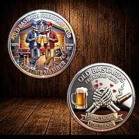 Friendship Club Challenge Coin Old Bastards Funny Skeleton Beer Mug Cigar Collectible Coin, Drink Laugh Stay Friends, Lifetime Member Gift