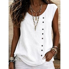 Women's Linen-feel Shirts T Shirt Faux Linen Shirt Tee Top Buttons Solid Color Fashion Stylish Classic Sleeveless Crew Neck Square Neck Scoop Neck Long Tops Ca