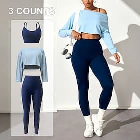 Women's Workout Jumpsuits Sports Bra with Tights Yoga Set 3-Piece Solid Color Tights Clothing Suit Summer Spring Fall Black with White Black Gym Workout Fitnes