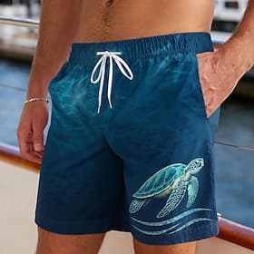 Men's Ocean Sea Turtle Swim Trunks Bathing Suits Swim Shorts Board Shorts Mid Waist Hawaiian Daily Beach Vacation Wear Side Pockets Mesh Lining Elastic Drawstr