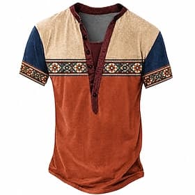 Men's Geometric T Shirt Henley Shirt Tee Short Sleeve Designer Basic Classic Casual Daily Outdoor Summer Light Green Red Navy Blue Orange Henley Henley T-Shirt