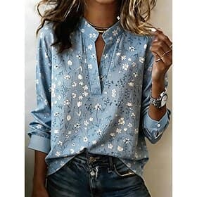 Women's Shirt Floral Graphic Vintage Stylish Long Sleeve V Neck Regular Tops Casual Daily Holiday Blue White Pink Dusty Rose Sky Blue Summer Spring