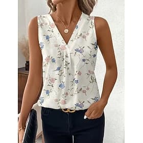Femmes Débardeur Fleuri Graphique Plantes Élégant ancien Classique Sans manches Col en V Hauts Réguliers Mariage à la plage Occasionnel Quotidien Blanche Vert