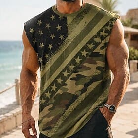 4th of July 2026 250th Men's Camo US Flag Undershirt Sleeveless T shirt 3D Print Crew Neck Shirt Patriotic Daily Street Brown Green Khaki Spring Summer Clothi