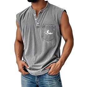 Men's 100% Cotton Acid Wash Shirt Sleeveless Shirt Sleeveless Henley Summer Solid Color Ocean Casual Garment Dyed Faded Vintage Washed Daily Streetwear Blue Bl