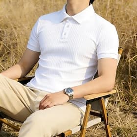 Men's Polo Shirts Rib Knit Top Casual Work Lapel Short Sleeve Basic Modern Plain Buttons Knitted Spring Summer Blue Black White Brown Gray Polo Shirts