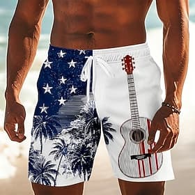 4th of July 2026 250th Men's Guitar American Flag Coconut Palm Swim Trunks Bathing Suits Swim Shorts Board Shorts Mid Waist Patriotic Daily Holiday Side Pocket