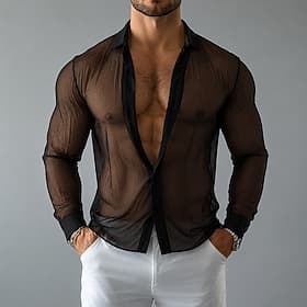 Men Shirt Casual Shirt Button Up Shirt Black Long Sleeve Plain Shirt Collar Casual Daily Tulle Clothing Apparel Elegant Fashion Casual