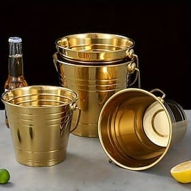 Stainless Steel Ice Bucket With Handle, Silver Gold Champagne Ice Bucket for Wine, Cocktails, Beer and Iced Tea, Portable Metal Ice Bucket With Corded Handle