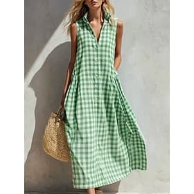 Women's Maxi Dress Boho Dress Vintage Vacation Loose Fit Plaid Sleeveless Shirt Collar Light Blue Yellow Light Green Red Summer