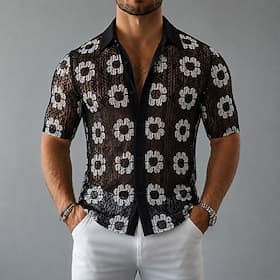 Men Shirt Casual Shirt Button Up Shirt Jacquard Shirt Black Short Sleeve Plain Shirt Collar Casual Daily Hole Clothing Apparel Elegant Fashion Casual