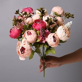 13 kunstige peonbuketter, europeiske kunstige peonblomster med knopper, realistisk silkeblomsteroppsats til hjemmedekor, bryllupsdekorasjon innendørs dekorasjo