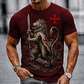 Men's Lion Knights Templar Crusaders Cross T Shirt Short Sleeve T shirt 3D Print Crew Neck Shirt Religious Street Dark Party Black Burgundy Khaki All Seasons C