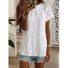 Dame Bluse Blonde topper Blonde Broderi Blomstret Stilfull Moderne Kortermet Crew-hals Lange topper Daglig Ferie Høst Hvit Sommer Vår