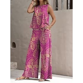 Women's Two Piece Sets Pants Sets Sleeveless Crew Neck Round Neck Graphic Geometric Vacation Daily Casual Daily Vacation Black Royal Blue Fuchsia Spring Summe