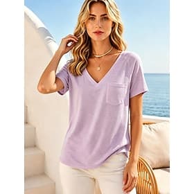 Women's T Shirt Solid Color Stylish Casual Short Sleeve V Neck Regular Tops Casual Daily Purple Green Summer Spring
