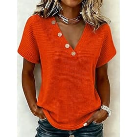 Women's Blouse Buttons Solid Color Stylish Casual Short Sleeve V Neck Regular Tops Casual Daily Black Red Summer Spring Fall