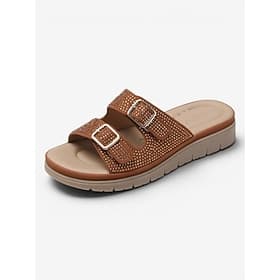 Women's Brown Rhinestone Double Buckle Slide Sandals – Sparkly Comfort Summer Slippers with Soft Cushioned Footbed for Swollen Feet Wear, Vacation Everyday Ca