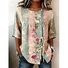Women's Shirt Casual Shirt Summer Tops Drawstring Floral Graphic Elegant Bohemia Active Half Sleeve Crew Neck Long Tops Casual Blue Light Green Dusty Rose Ligh