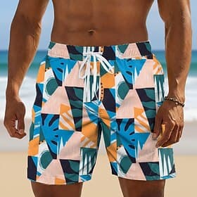 Men's Geometric Swim Trunks Bathing Suits Swim Shorts Board Shorts Mid Waist Hawaiian Daily Beach Vacation Wear Side Pockets Mesh Lining Elastic Drawstring Wai