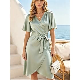 Women's Knee Length Dress Sundress Casual Dress A Line Dress Vacation Casual Boho Beach Party Date Regular Fit Plain Short Sleeve V Neck Green Summer Spring