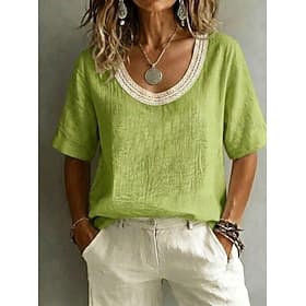 Women's Blouse Lace Tops Lace Solid Color Elegant Vintage Short Sleeve U Neck Regular Tops Casual Beach Summer Black White Pink Sky Blue Green Summer Spring