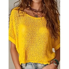 Women's Blouse Tee Top Crochet Plain Vintage Stylish Modern Short Sleeve Crew Neck Regular Tops Casual Daily Summer Blue Black White Yellow Rose Pink Summer Sp