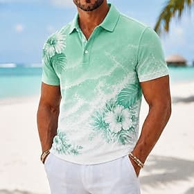 Men's Floral Hawaiian Polo Shirts Short Sleeve Polo Shirts Collared Shirts Casual Resort Athleisure 3D Print Buttons Breathable Mesh Spring Summer Blue Purple