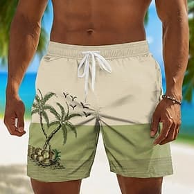 Men's Bird Coconut Tree Swim Trunks Bathing Suits Swim Shorts Board Shorts Mid Waist Hawaiian Daily Beach Vacation Wear Side Pockets Mesh Lining Elastic Drawst