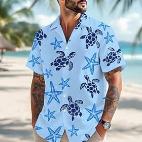 Men's Starfish Turtle Summer Hawaiian Shirt Tropical Shirts Aloha Shirt Short Sleeve Hawaiian Daily Beach Vacation Wear Summer Spring Turndown 3D Print Button