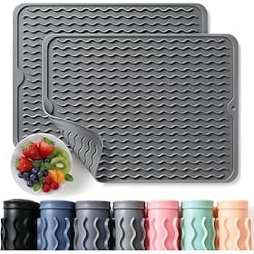 2 Pack Caketime Silicone Dish Drying Mat for Kitchen Counter Heat Resistant Under Sink Waterproof Coffee Bar Accessories Dining Rack Stone Utensil Holder Count