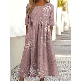 Damen Midikleid Shiftkleid Urlaub Lässig Boho Täglich Sommerkleid Frühlingskleid Lässiger Schnitt Blumen Grafik Kurzarm Rundhalsausschnitt Blau Weiß Rosa Aprik