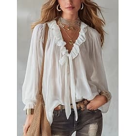 Women's Shirt Boho Shirt Button Down Shirt Ruffle Solid Color Elegant Bohemia Vacation Long Sleeve V Neck Regular Tops Casual White Summer Spring