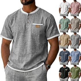 Men's Shirt Linen Shirt Popover Shirt Summer Shirt Casual Shirt Beach Shirt Plain Casual Vacation Black Light Green Pink Navy Blue Short Sleeve Band Collar Sum
