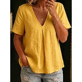 Femmes Chemise Chemisier Élégant Bohème Manche Courte Col en V Hauts Longs Plage Noir Blanche Bleu Ciel Violet Dorée Été Printemps