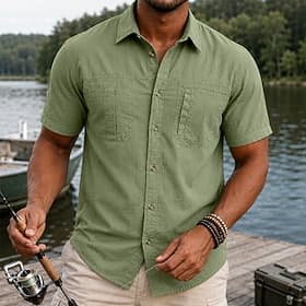 Men Shirt Casual Shirt Button Up Shirt Cargo Shirt Black Yellow Brown khaki Military Green Short Sleeve Plain Shirt Collar Casual Outdoor Front Pocket Clothing