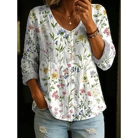 Damen Hemd Knöpfe Druck Blumen Grafik Vintage Täglich Stilvoll Langarm V Ausschnitt Normale Oberteile Lässig Täglich Weiß Rosa Beige Sommer Frühling