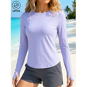 Camiseta feminina com proteção solar UPF50, secagem rápida, tecido respirável, manga longa e elasticidade.