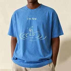 Men's I'm Fine 100 Cotton Acid Wash Heavyweight T-shirt Short Sleeve T shirt DTG Crew Neck Shirt Fashion Daily Holiday Blue Black Red Spring Summer Clothing A
