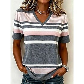 Femmes T-shirt Imprimé Graphique Géométrique Élégant Classique Occasionnel Manche Courte Col en V Hauts Réguliers Occasionnel Quotidien Gris Été Printemps