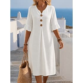 Women's Midi Dress Linen-feel Dresses Shift Dress Casual Daily Loose Fit Plain 3/4 Length Sleeve V Neck Blue Black White Green Summer Spring Fall
