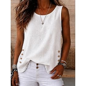 Women's Tank Top Buttons Plain Fashion Stylish Classic Sleeveless Crew Neck Long Tops Casual Daily Going out White Yellow Pink Light Brown Green Summer Spring