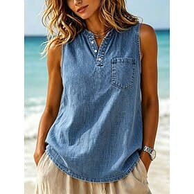 SoftFade™ Women's Vintage 100% Cotton Tank Top - Soft Washed Sleeveless Basic Polo Collar Tops with Pocket